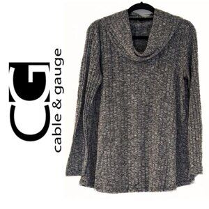Cable & Gauge Cowl Neck Knitted Gray Tweed Flowy Sweater, Size L